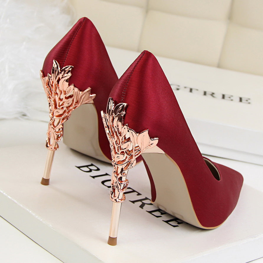 9219-2 Korean fashion sexy metal with women's shoes stiletto high-heeled shallow mouth pointed satin slim single shoes wedding shoes