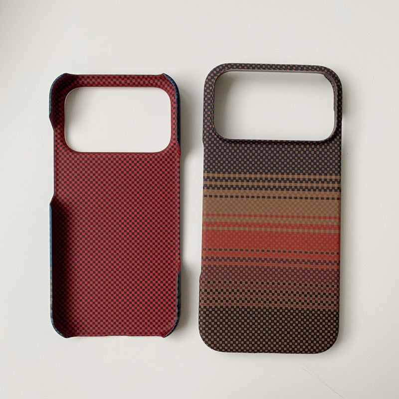 Carbon fiber textured iPhone 17 Pro phone case with Kevlar water decal for Apple 16 semi-enclosed hard case protective case