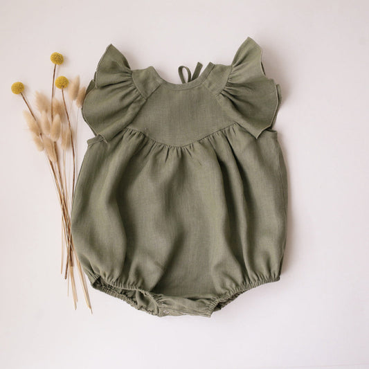 2023 Summer Lotus Leaf Sleeve Cotton and Linen Triangle Harness Baby Romper Jumpsuit Baby Cover Up Clothes Ins Baby Clothes