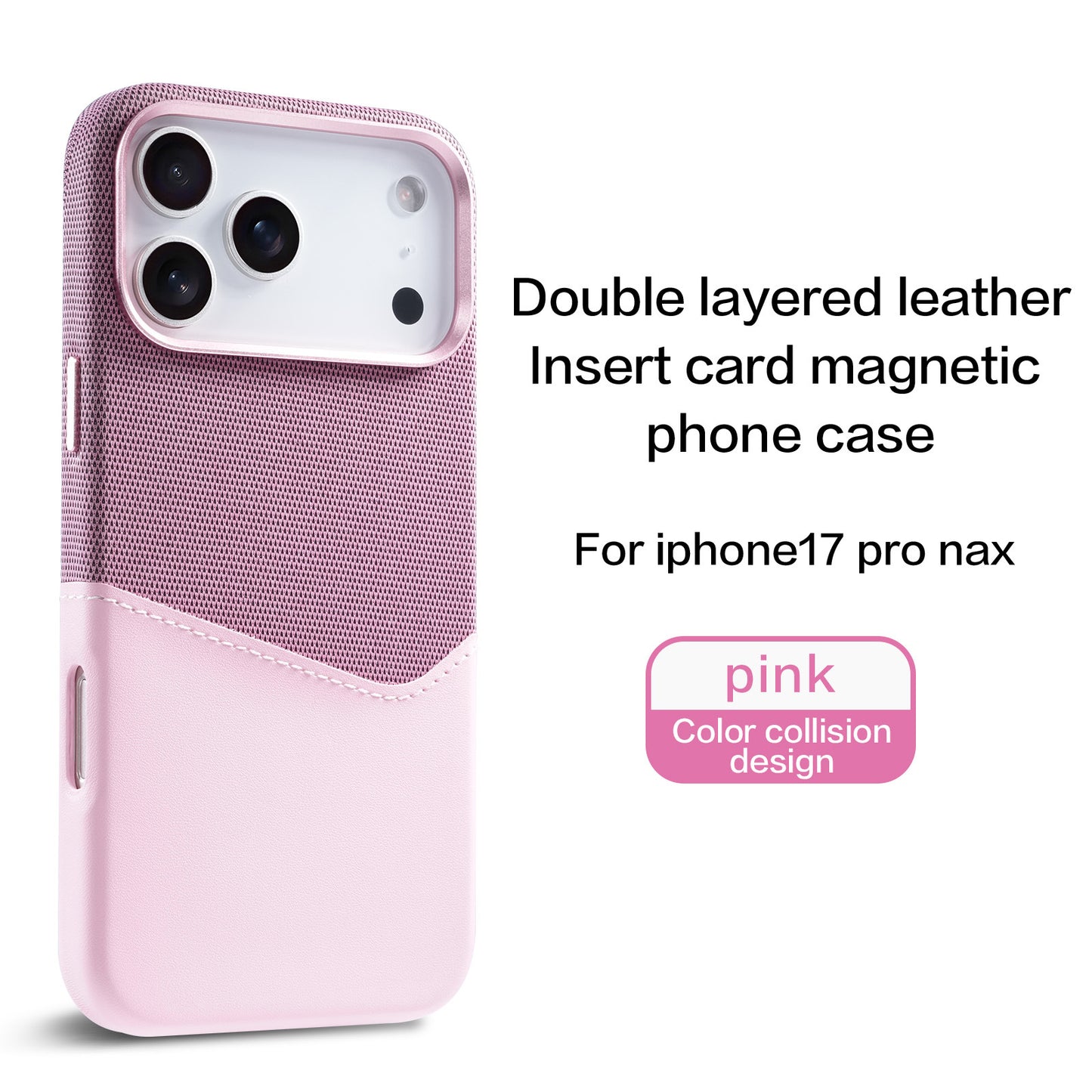 Compatible with iPhone 17 Pro Max, built-in magnetic phone case, fabric and leather patchwork design, SIM card slot, drop-proof 16-inch protective case