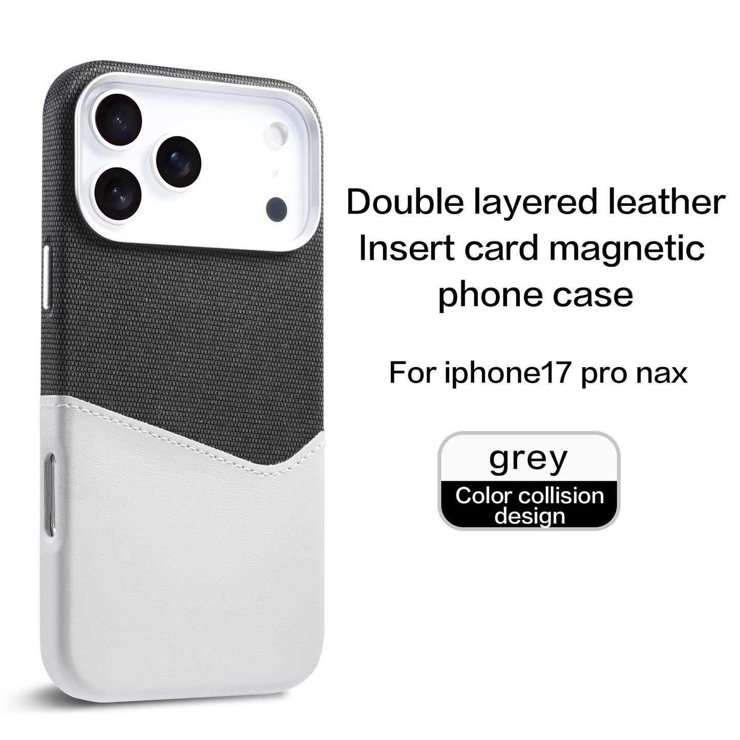 Compatible with iPhone 17 Pro Max, built-in magnetic phone case, fabric and leather patchwork design, SIM card slot, drop-proof 16-inch protective case