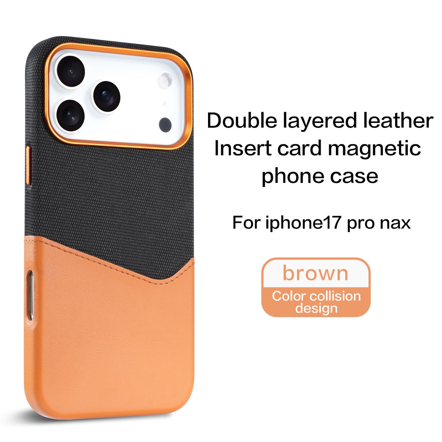 Compatible with iPhone 17 Pro Max, built-in magnetic phone case, fabric and leather patchwork design, SIM card slot, drop-proof 16-inch protective case