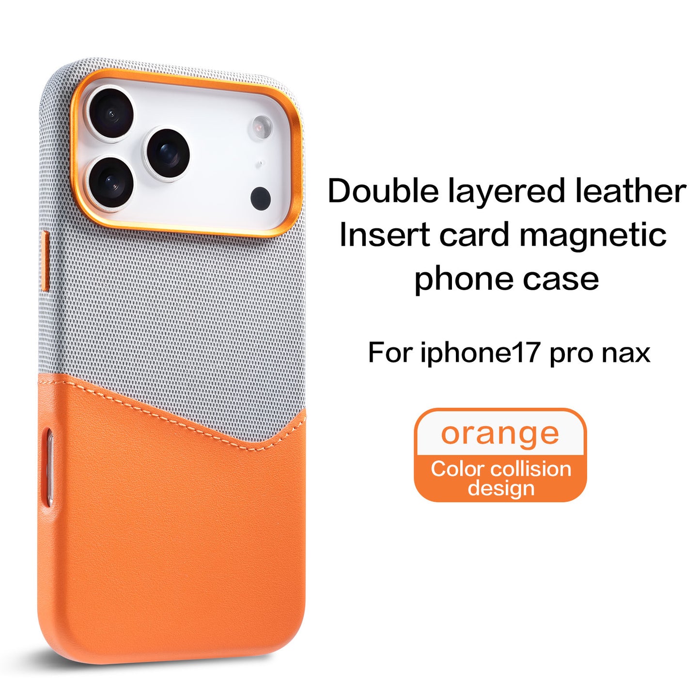 Compatible with iPhone 17 Pro Max, built-in magnetic phone case, fabric and leather patchwork design, SIM card slot, drop-proof 16-inch protective case