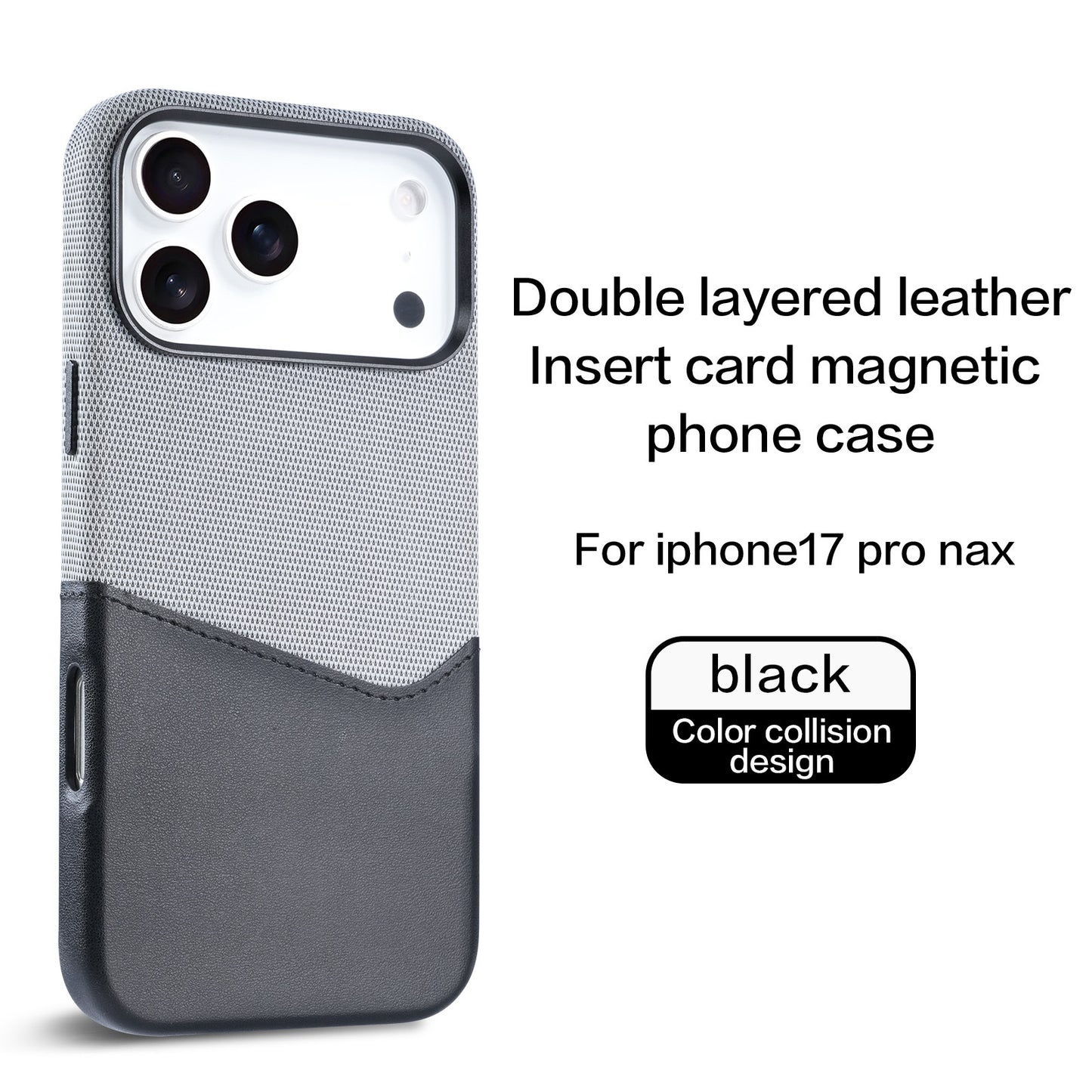 Compatible with iPhone 17 Pro Max, built-in magnetic phone case, fabric and leather patchwork design, SIM card slot, drop-proof 16-inch protective case