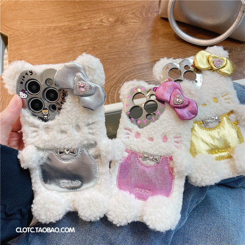 Japanese and Korean plush cool and cute cats are suitable for Apple 14promax mobile phone case iphone15 female 13 autumn and winter 12