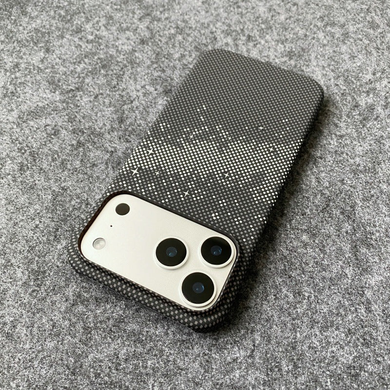 Carbon fiber textured iPhone 17 Pro phone case with Kevlar water decal for Apple 16 semi-enclosed hard case protective case