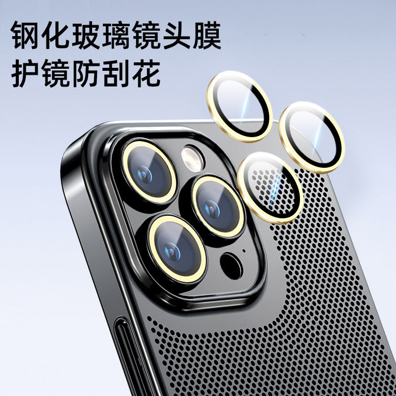 Suitable for iPhone15ProMax mobile phone case, electroplated heat dissipation mesh, breathable Apple 14 goggles, all-inclusive protective cover 13