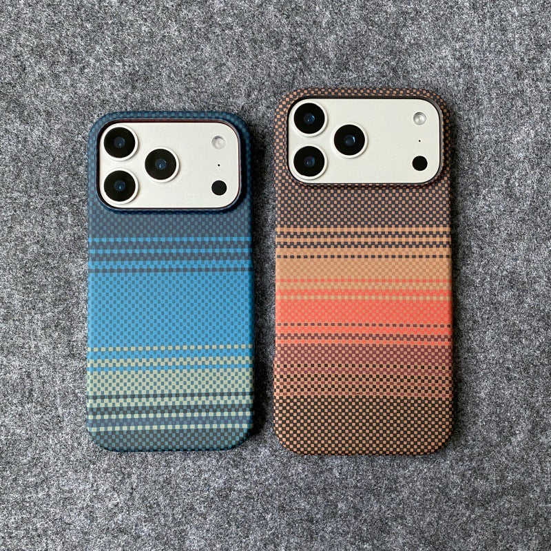 Carbon fiber textured iPhone 17 Pro phone case with Kevlar water decal for Apple 16 semi-enclosed hard case protective case