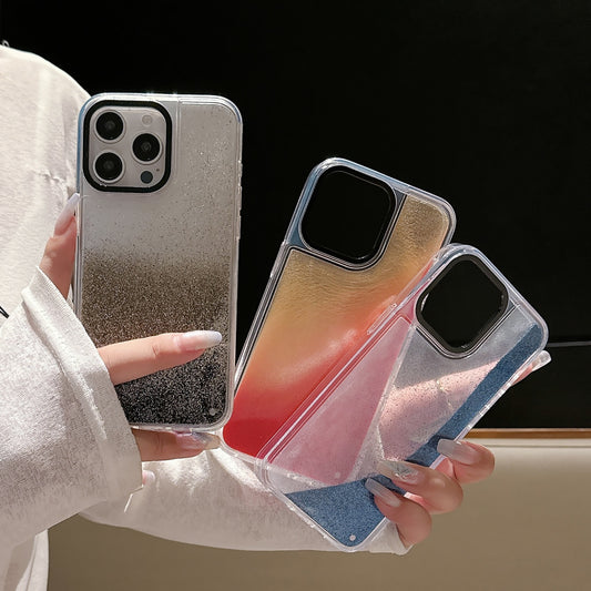 New 16PROMAX Sandblasted Glass Phone Case, Gold-plated Glass Case for Apple iPhone 15, Starry Sky Glitter Gradient